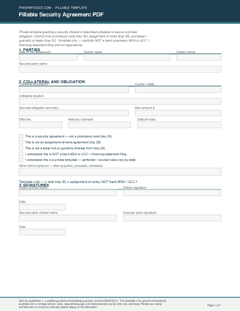 Fillable Security Agreement PDF preview thumbnail