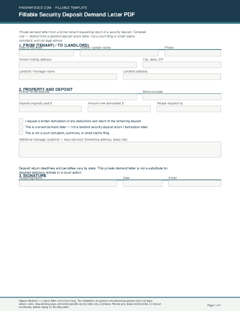 Fillable Security Deposit Demand Letter PDF preview thumbnail
