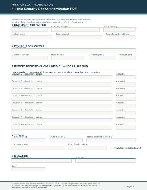 Fillable Security Deposit Itemization PDF preview thumbnail