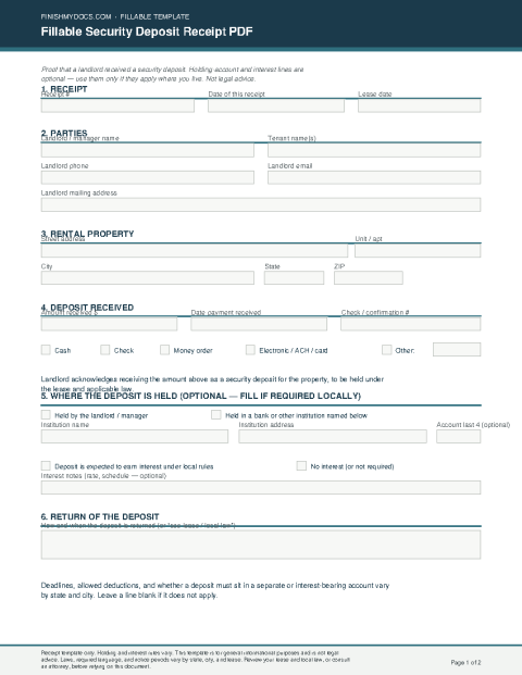 Fillable Security Deposit Receipt PDF preview thumbnail