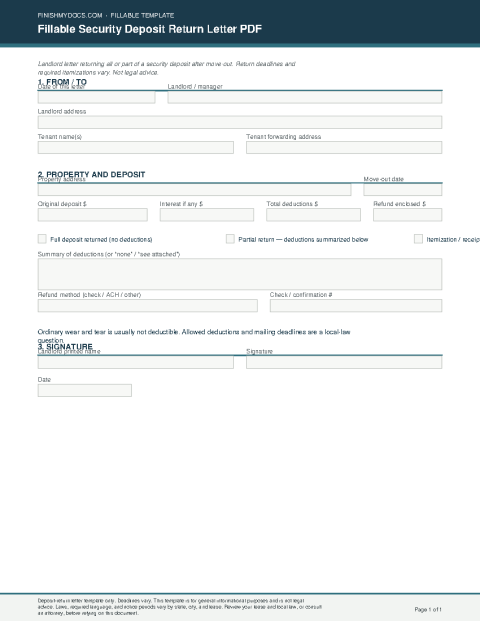 Fillable Security Deposit Return Letter PDF preview thumbnail