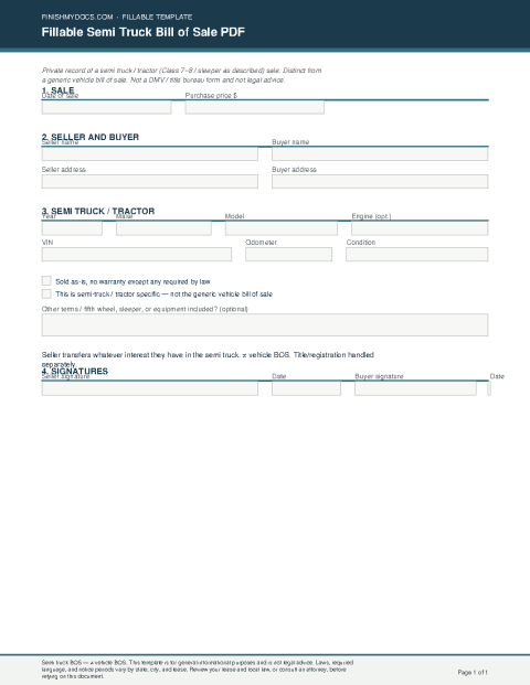 Fillable Semi Truck Bill of Sale PDF preview thumbnail