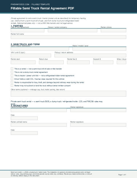 Fillable Semi Truck Rental Agreement PDF preview thumbnail