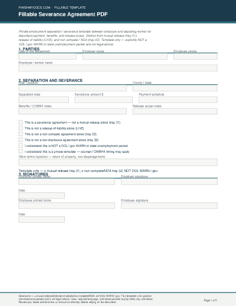 Fillable Severance Agreement PDF preview thumbnail