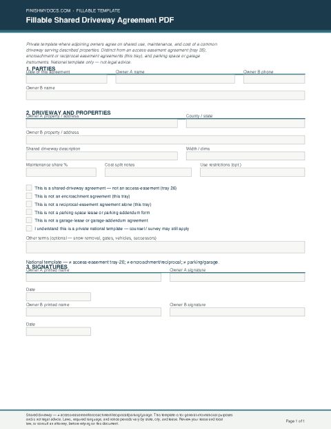Fillable Shared Driveway Agreement PDF preview thumbnail