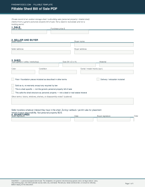 Fillable Shed Bill of Sale PDF preview thumbnail