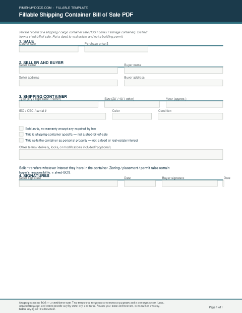 Fillable Shipping Container Bill of Sale PDF preview thumbnail