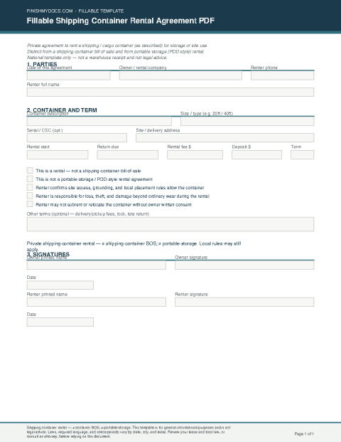 Fillable Shipping Container Rental Agreement PDF preview thumbnail