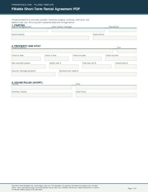 Fillable Short-Term Rental Agreement PDF preview thumbnail