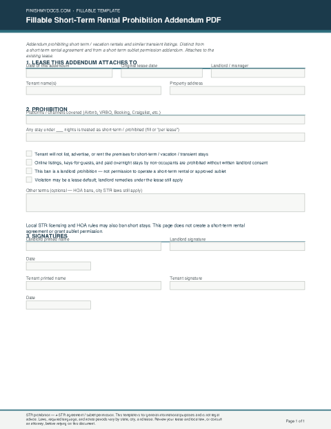 Fillable Short-Term Rental Prohibition Addendum PDF preview thumbnail