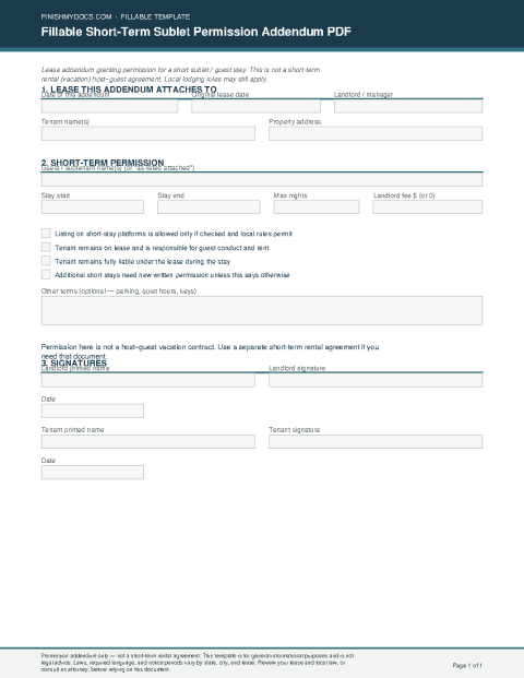 Fillable Short-Term Sublet Permission Addendum PDF preview thumbnail