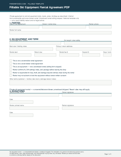 Fillable Ski Equipment Rental Agreement PDF preview thumbnail
