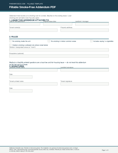Fillable Smoke-Free Addendum PDF preview thumbnail