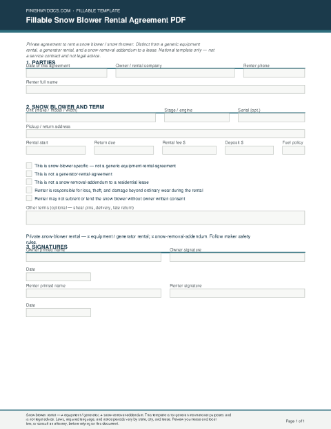 Fillable Snow Blower Rental Agreement PDF preview thumbnail
