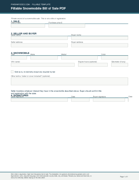 Fillable Snowmobile Bill of Sale PDF preview thumbnail