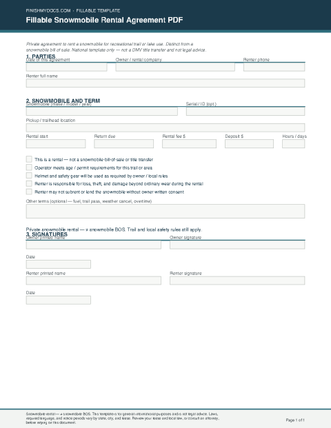 Fillable Snowmobile Rental Agreement PDF preview thumbnail