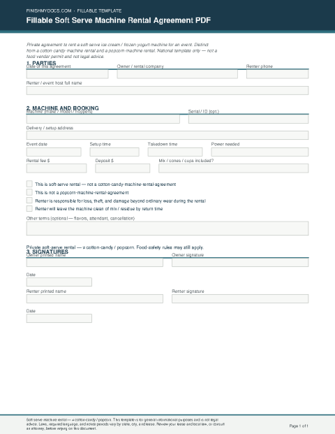 Fillable Soft Serve Machine Rental Agreement PDF preview thumbnail