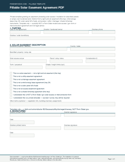 Fillable Solar Easement Agreement PDF preview thumbnail