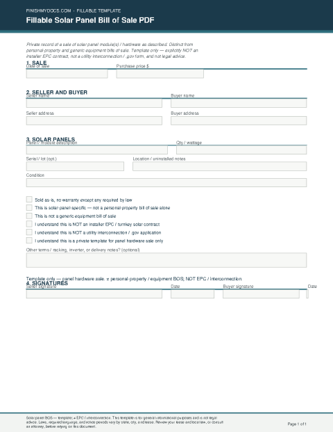 Fillable Solar Panel Bill of Sale PDF preview thumbnail