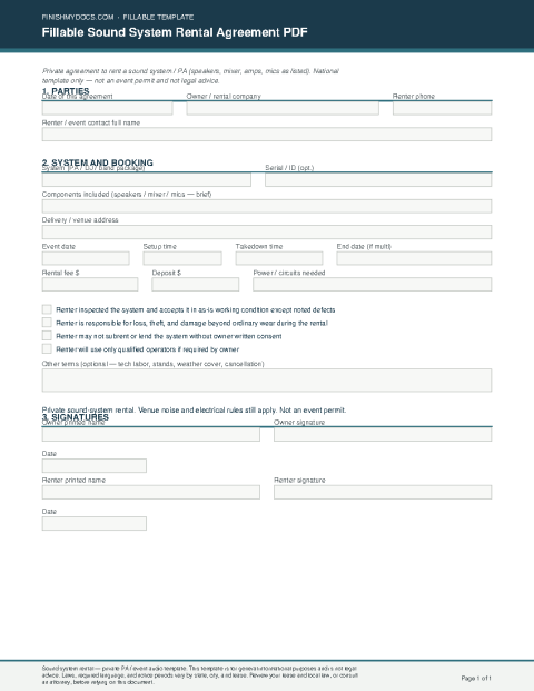 Fillable Sound System Rental Agreement PDF preview thumbnail