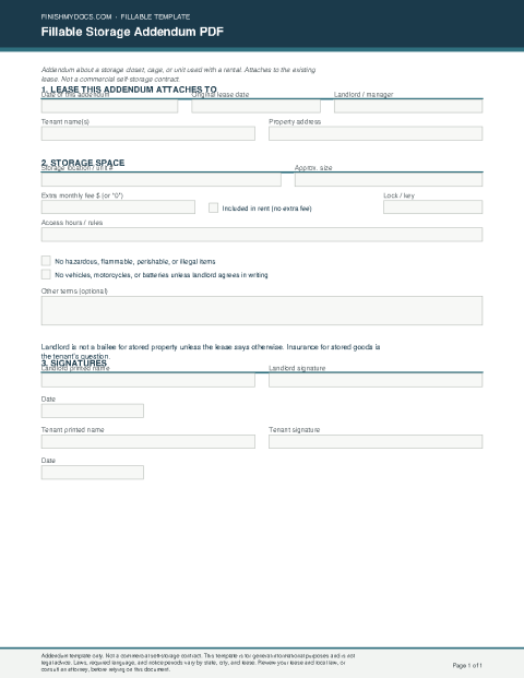 Fillable Storage Addendum PDF preview thumbnail