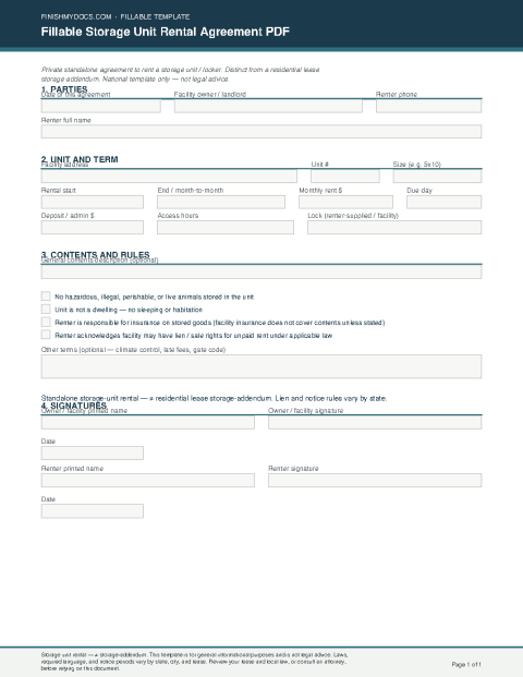 Fillable Storage Unit Rental Agreement PDF preview thumbnail