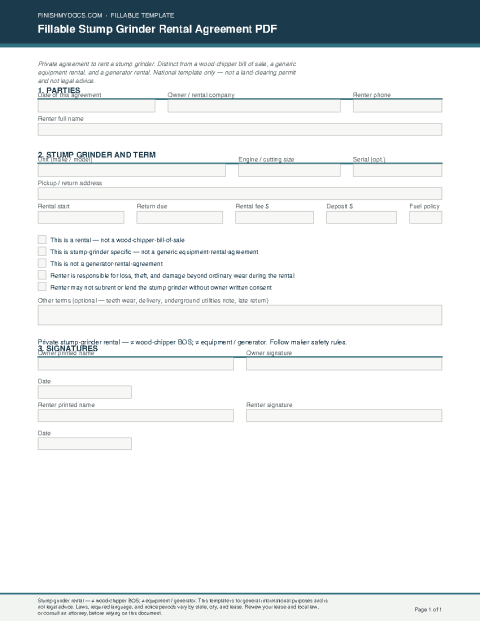 Fillable Stump Grinder Rental Agreement PDF preview thumbnail