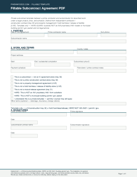 Fillable Subcontract Agreement PDF preview thumbnail