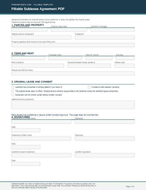 Fillable Sublease Agreement PDF preview thumbnail