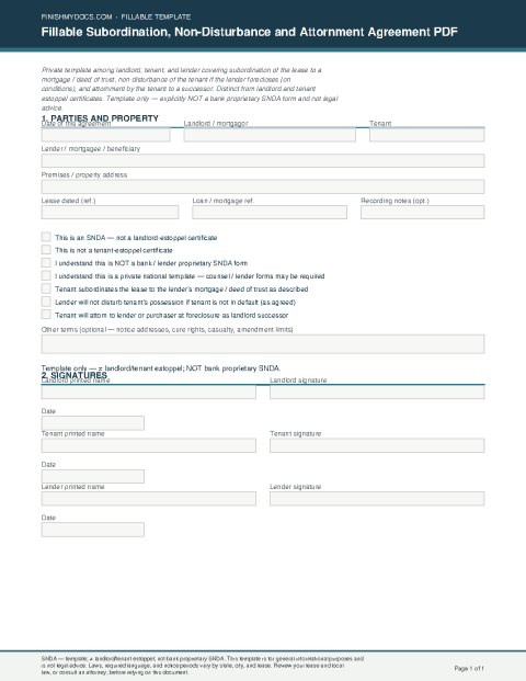 Fillable Subordination, Non-Disturbance and Attornment Agreement PDF preview thumbnail