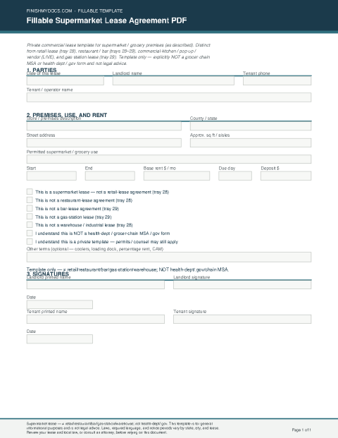 Fillable Supermarket Lease Agreement PDF preview thumbnail