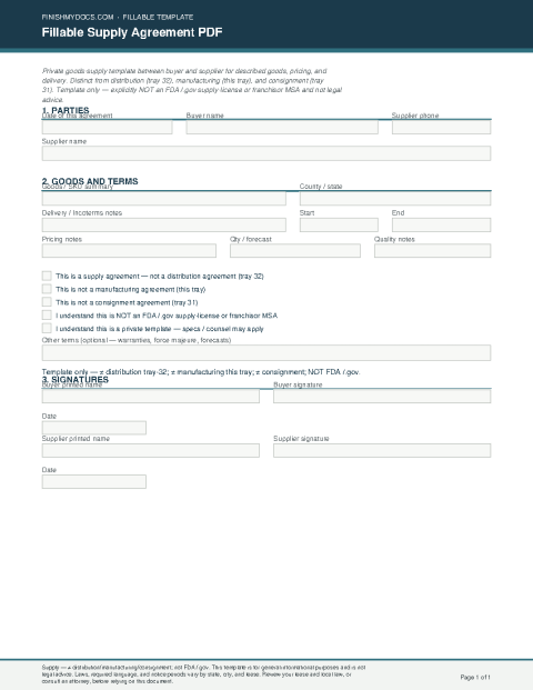 Fillable Supply Agreement PDF preview thumbnail
