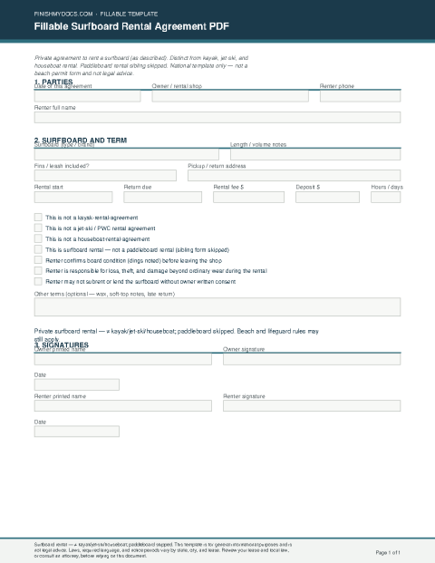 Fillable Surfboard Rental Agreement PDF preview thumbnail