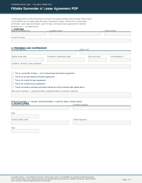 Fillable Surrender of Lease Agreement PDF preview thumbnail
