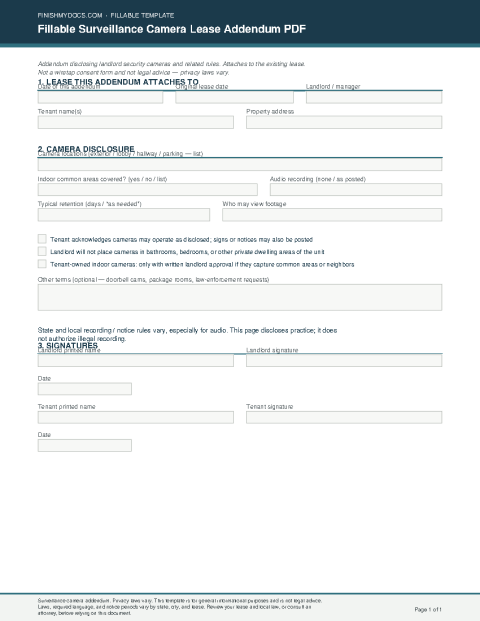Fillable Surveillance Camera Lease Addendum PDF preview thumbnail