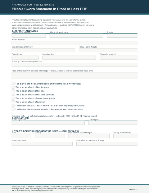Fillable Sworn Statement in Proof of Loss PDF preview thumbnail