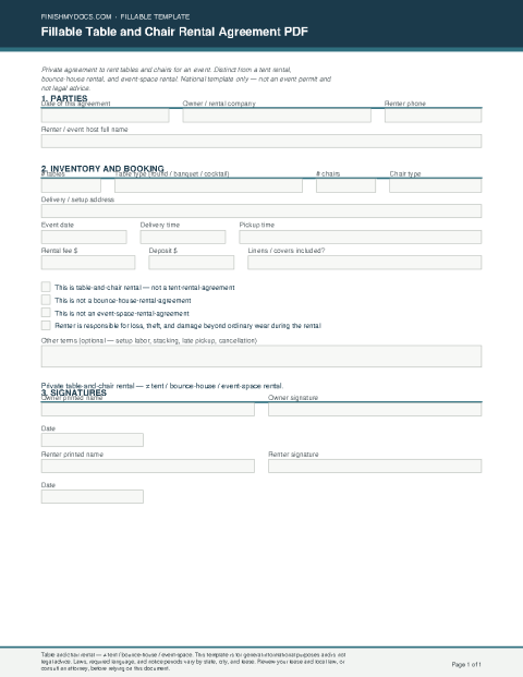 Fillable Table and Chair Rental Agreement PDF preview thumbnail