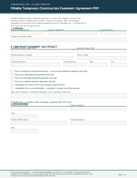 Fillable Temporary Construction Easement Agreement PDF preview thumbnail