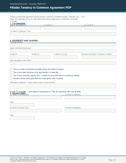 Fillable Tenancy in Common Agreement PDF preview thumbnail
