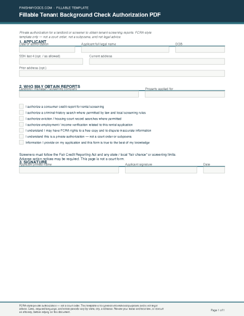 Fillable Tenant Background Check Authorization PDF preview thumbnail
