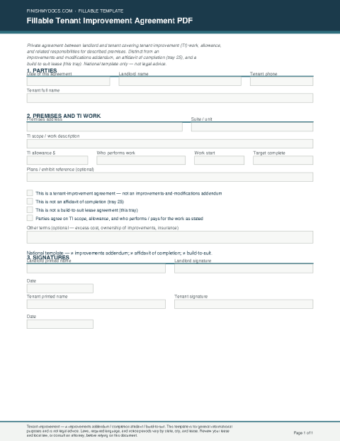 Fillable Tenant Improvement Agreement PDF preview thumbnail