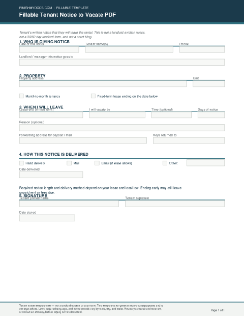 Fillable Tenant Notice to Vacate PDF preview thumbnail