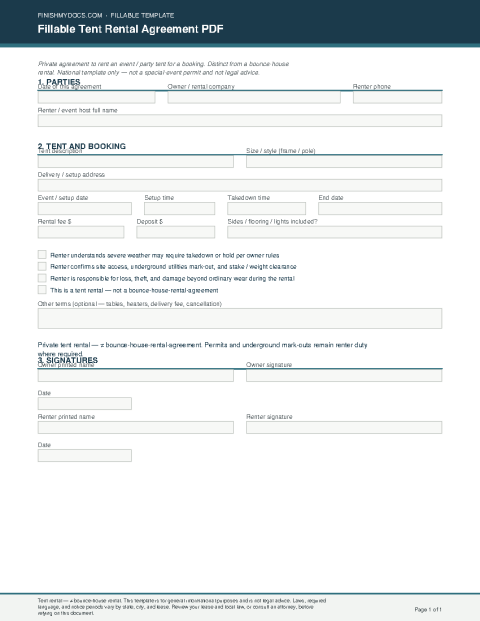 Fillable Tent Rental Agreement PDF preview thumbnail