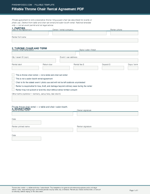 Fillable Throne Chair Rental Agreement PDF preview thumbnail