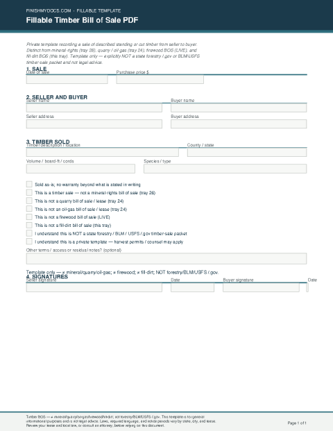 Fillable Timber Bill of Sale PDF preview thumbnail