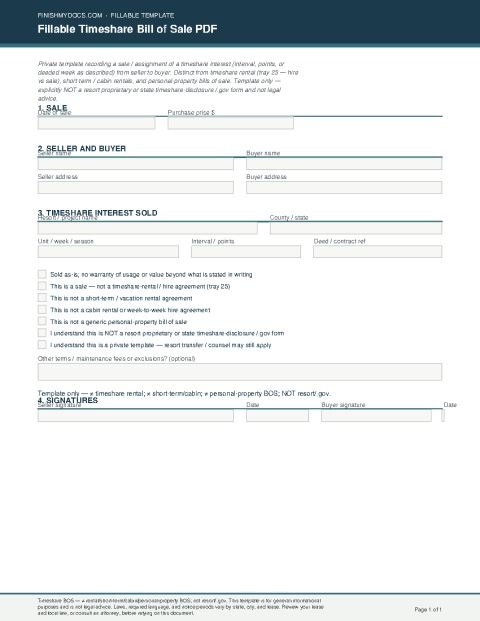 Fillable Timeshare Bill of Sale PDF preview thumbnail