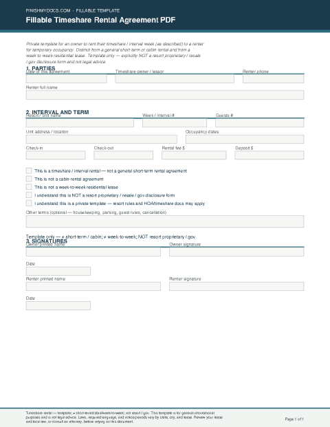 Fillable Timeshare Rental Agreement PDF preview thumbnail