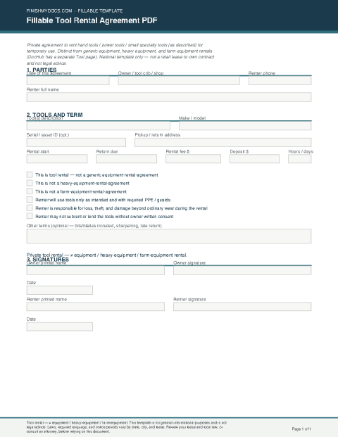 Fillable Tool Rental Agreement PDF preview thumbnail