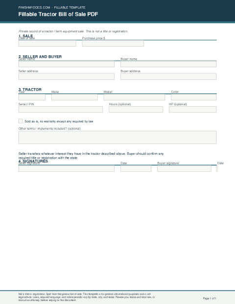Fillable Tractor Bill of Sale PDF preview thumbnail