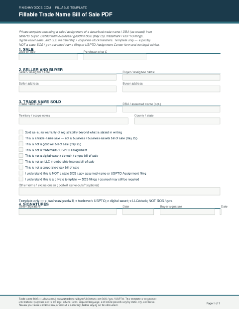 Fillable Trade Name Bill of Sale PDF preview thumbnail